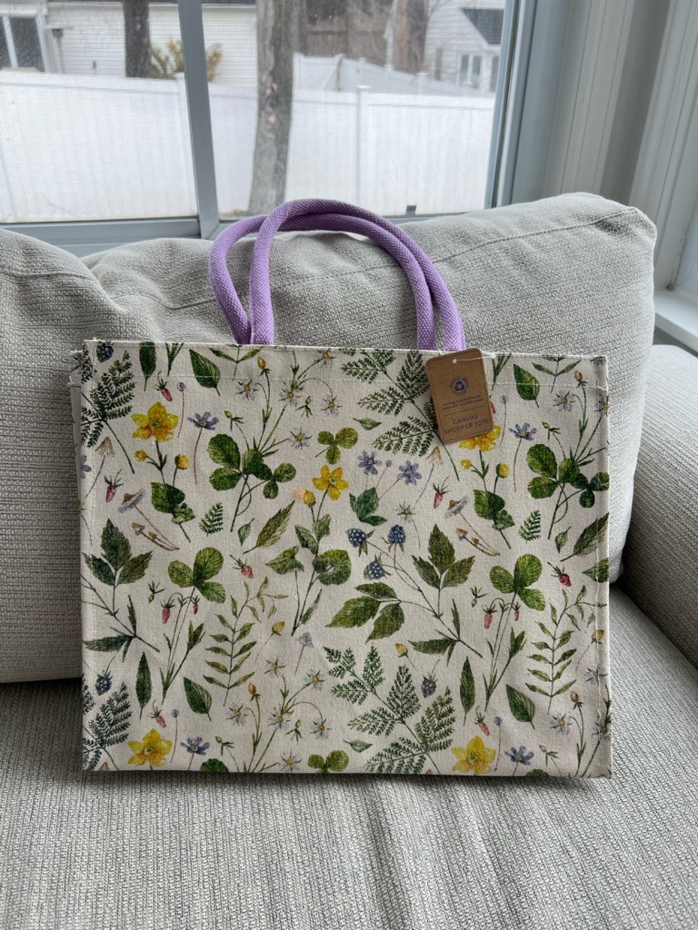 Floral Canvas Tote Bag with Purple Handles